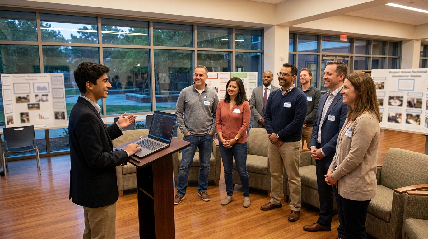 Student presenting an AI for good capstone project to families, educators, and local mentors