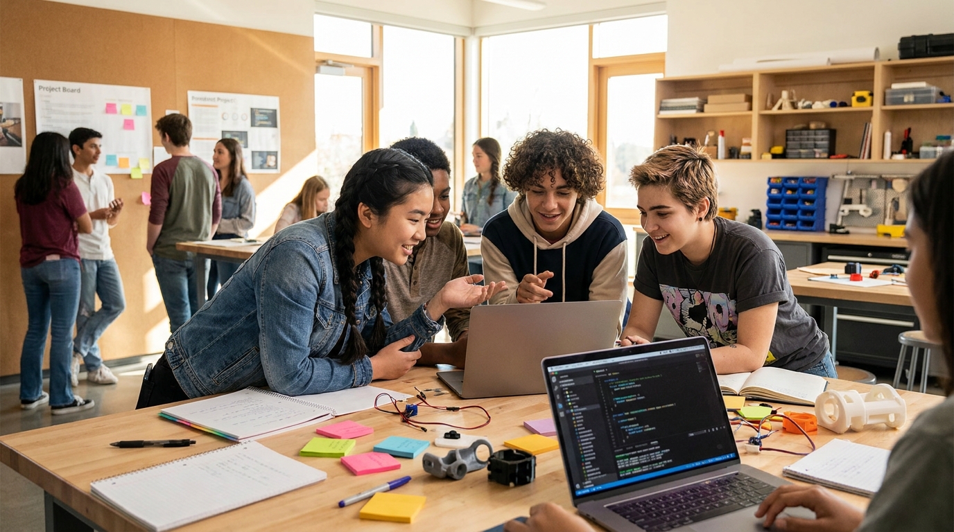 Diverse students collaborating on AI projects in a modern classroom